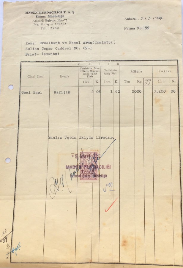 1959 TARİHLİ MADEN HURDACILIĞI T.A.Ş UMUM MÜDÜRLÜĞÜ TARAFINDAN KESİLMİŞ FATURA